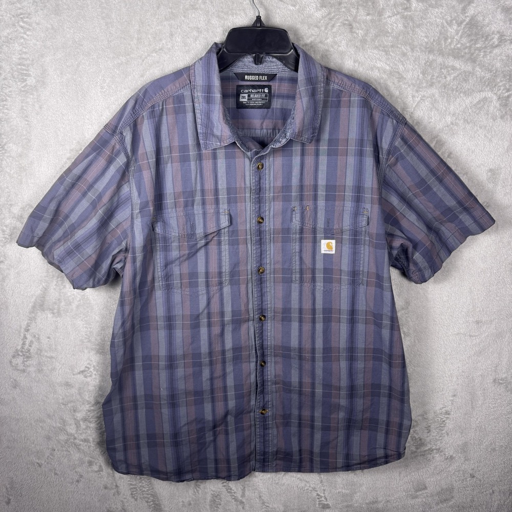 Carhartt Shirt Mens 2XL‎ Blue Plaid Rugged Flex Relaxed Fit Workwear Button